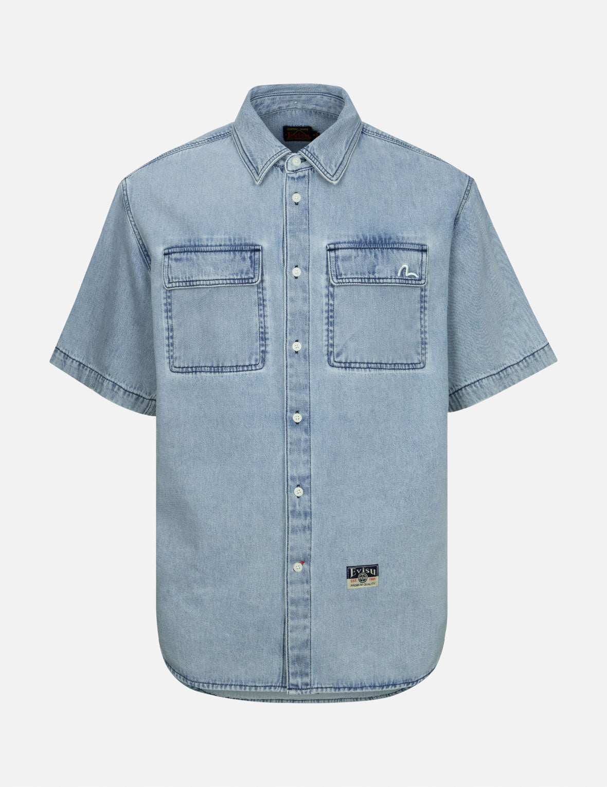 Evisu Gaming Daruma Daicock Print Relax Fit Short-Sleeve Denim Shirt