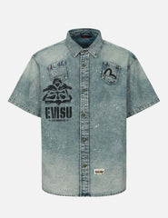 Evisu Faded-Washed Multi-Print Loose Fit Denim Shirt