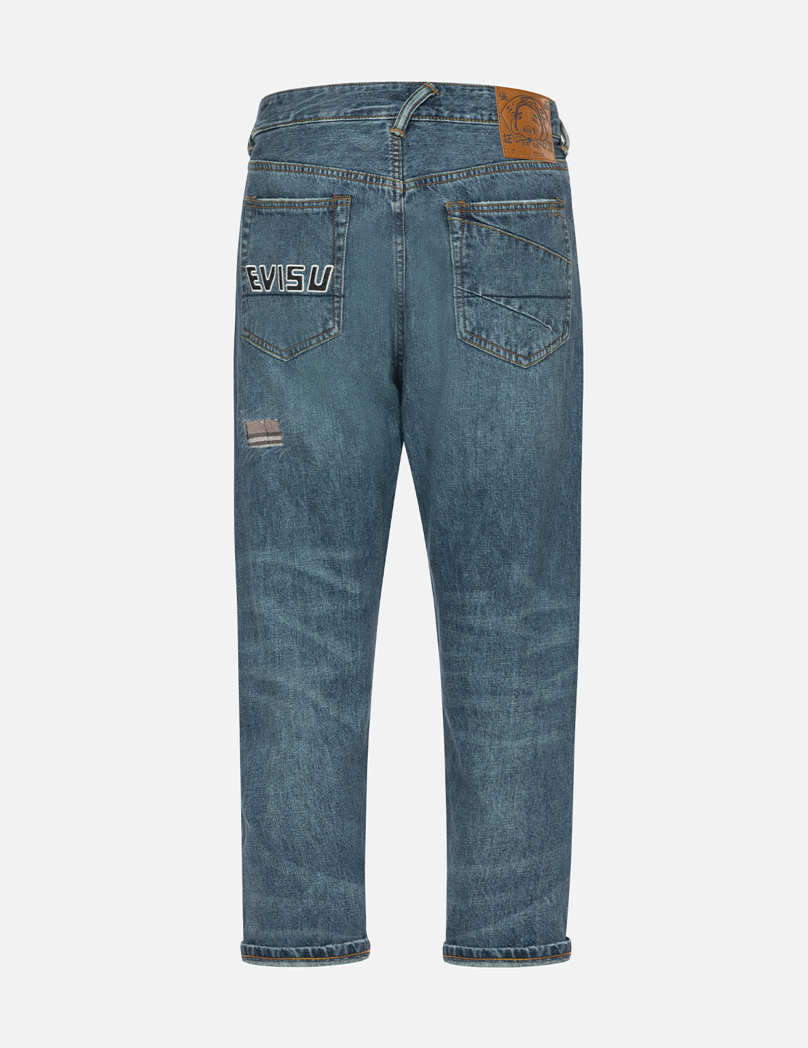 Evisu Washed And Distressed Seagull Patchwork And Logo Embroidery Cropped Jeans #2027