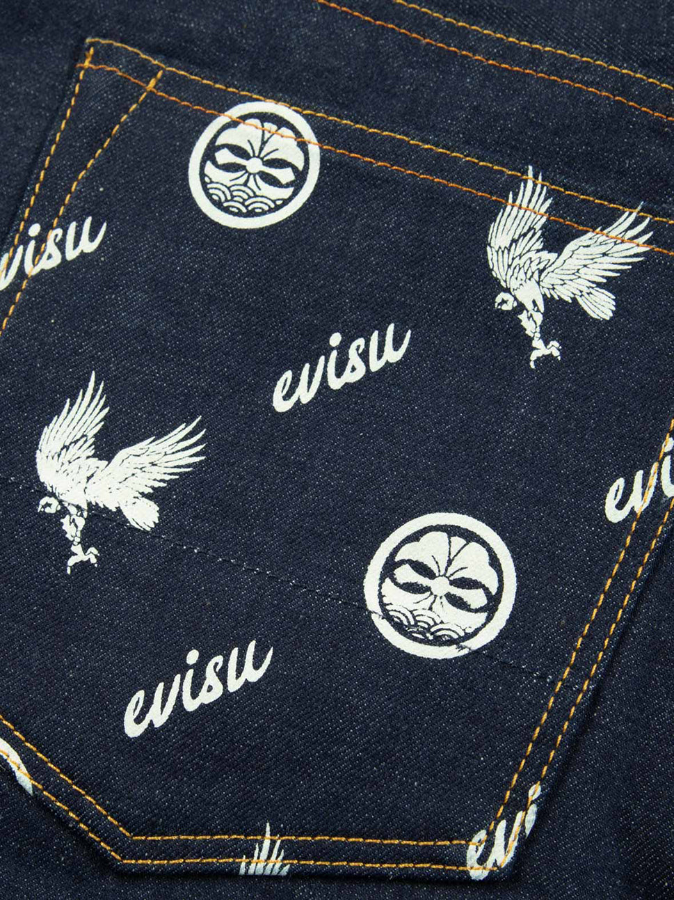 Evisu Indigo Kamon Eagle Allover Pocket & Seagull Embroidery Jeans