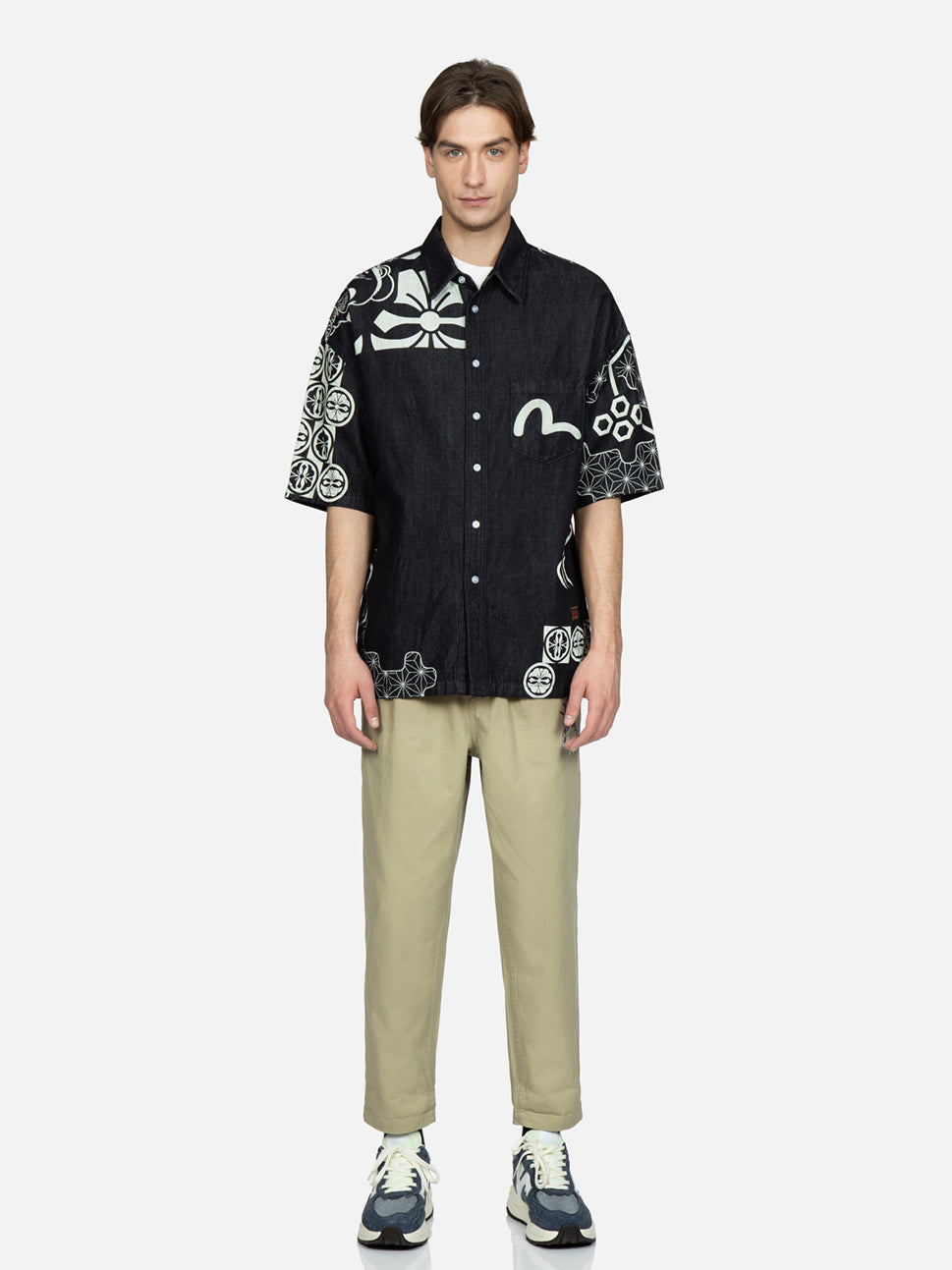 Evisu Navy AOP Seagull Embroidery & Kamon Decorative Print Shirt