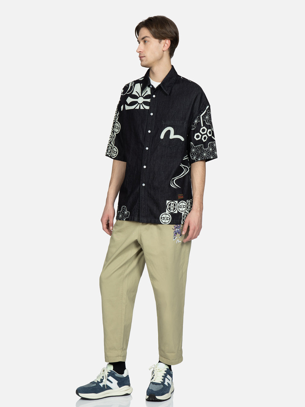 Evisu Navy AOP Seagull Embroidery & Kamon Decorative Print Shirt