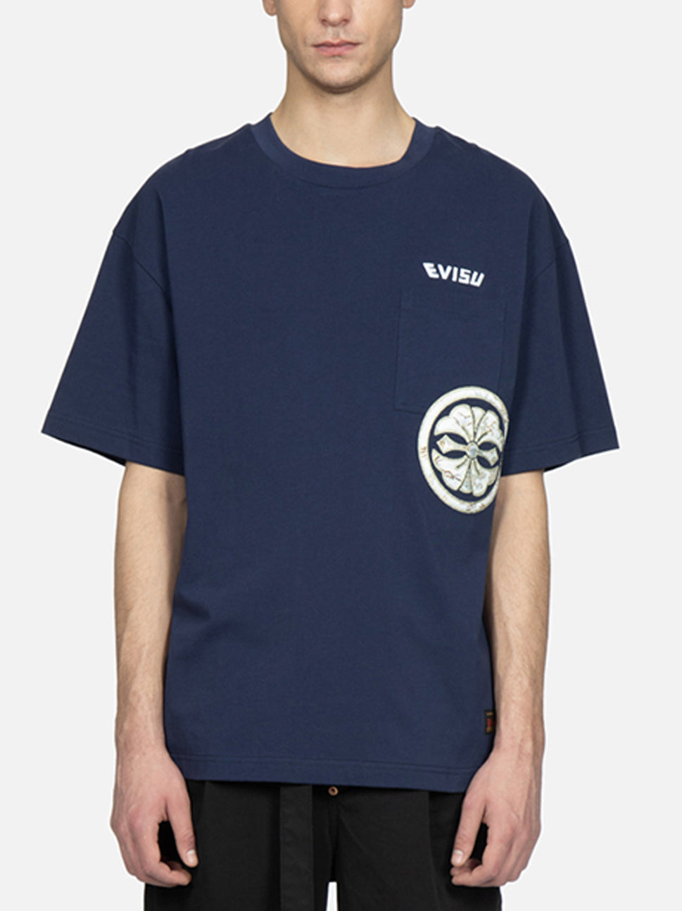 Evisu NAVY Embroidery & Brocade Kamon Applique Pocket Tee