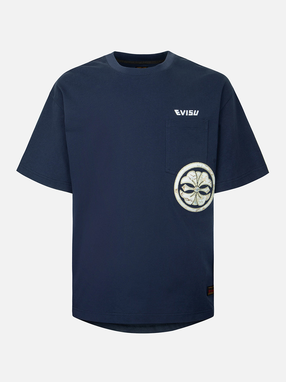 Evisu NAVY Embroidery & Brocade Kamon Applique Pocket Tee