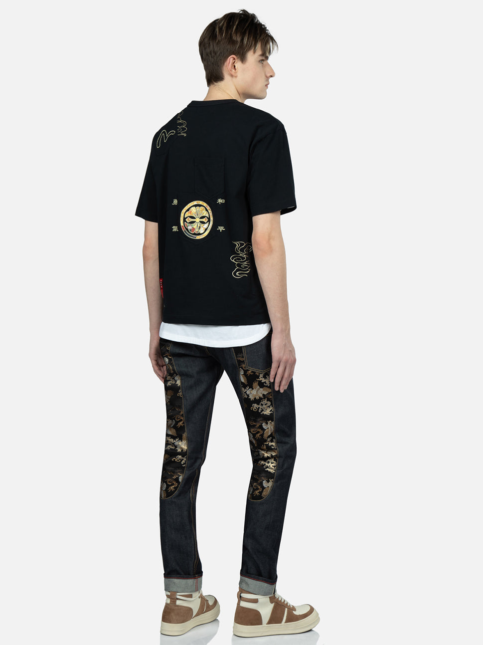 Evisu Black Brocade Seagull Applique Multi-Pocket Tee