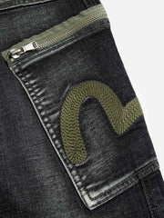 Evisu Dark Black Seagull Printed & Allover Embroidery Multi-Pocket Jeans