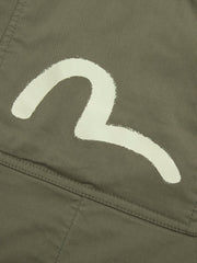 Evisu Dark Olive Seagull Embroidery & Stencil Slogan Print Shirt Jacket with Hood